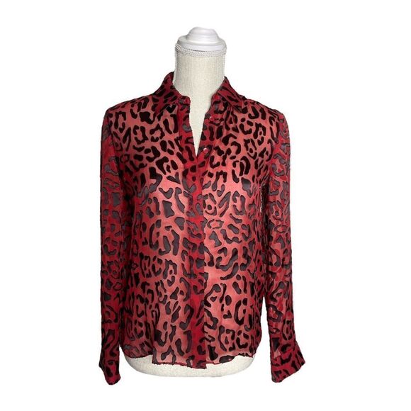 Alice + Olivia Red Willa Placket Leopard Burnout Blouse - Picture 4 of 15
